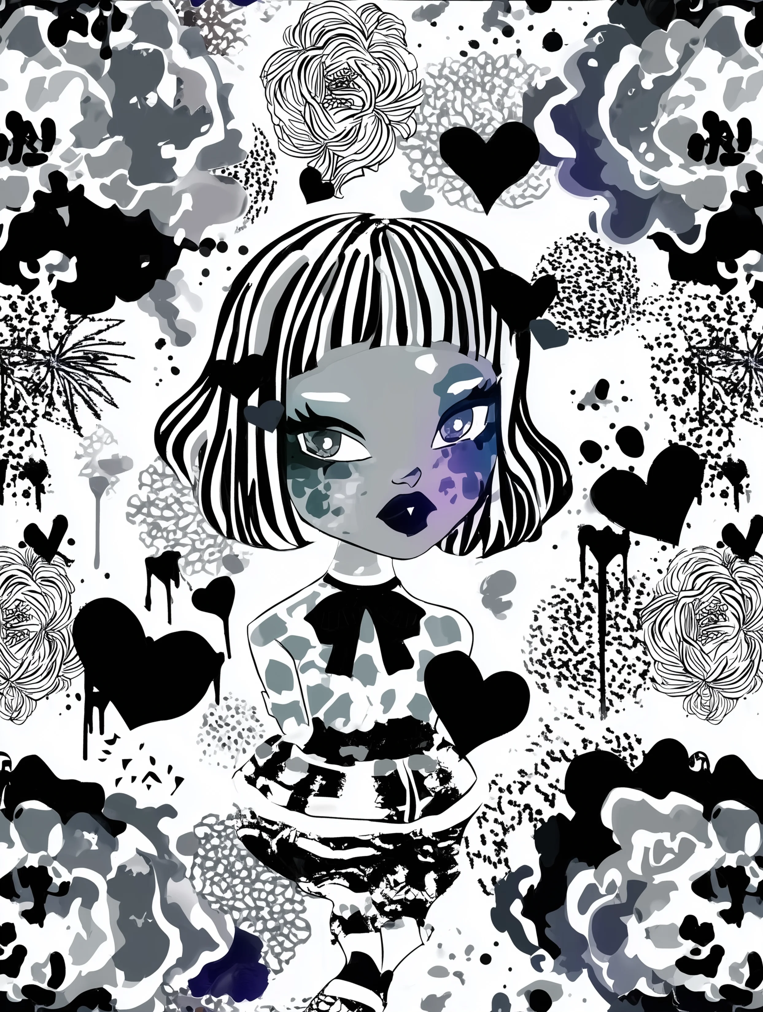 Free printable vampire coloring page for adults featuring a vampire girl with hands behind back